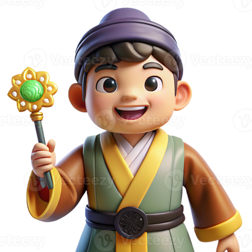 elegant minimalist A cunning Korean Dokkaebi with a mischievous grin, wearing a traditional gat, holding a magical gamtu. Folk art style original png