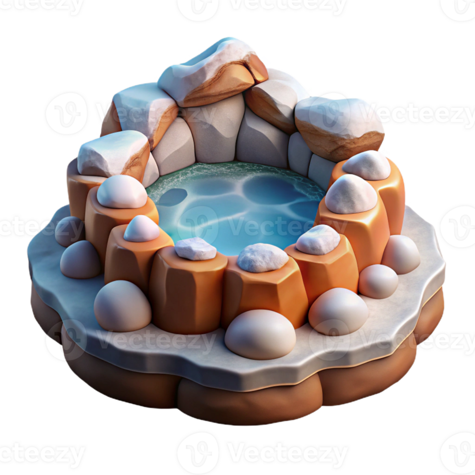 beautiful artistic A bubbling hot spring surrounded by snow-covered rocks, contrasting warm and cool tones, photorealistic rendering authentic png
