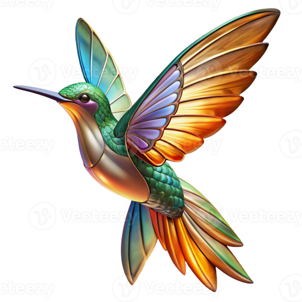 elegant modern A giant hummingbird with wings made of stained glass, hovering over a field of luminous flowers, lit by the warm glow of sunrise, Art Nouveau style original png