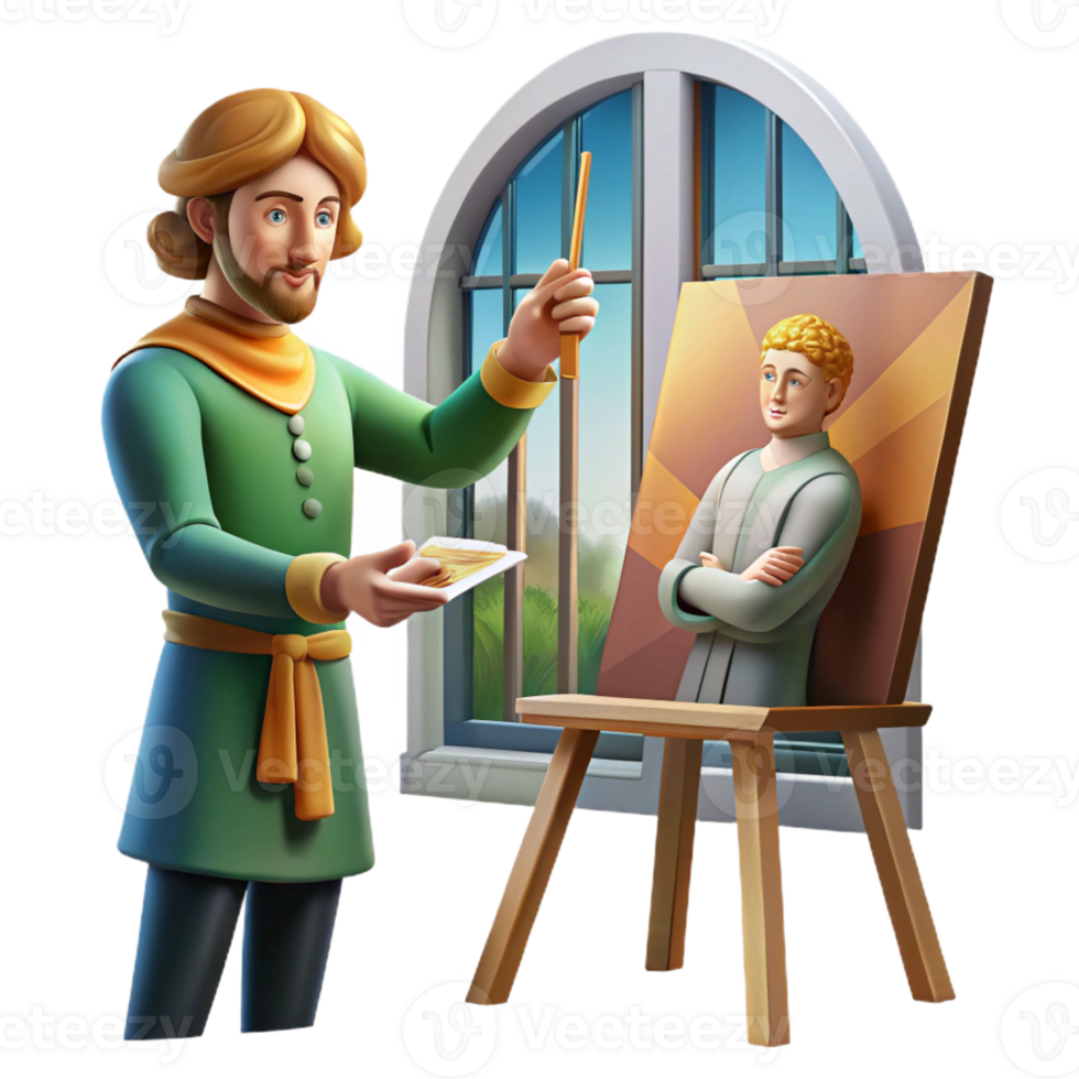 dramatic modern A Renaissance artist painting a portrait in their studio, bathed in natural light streaming through a large window. Realistic, Renaissance style authentic png