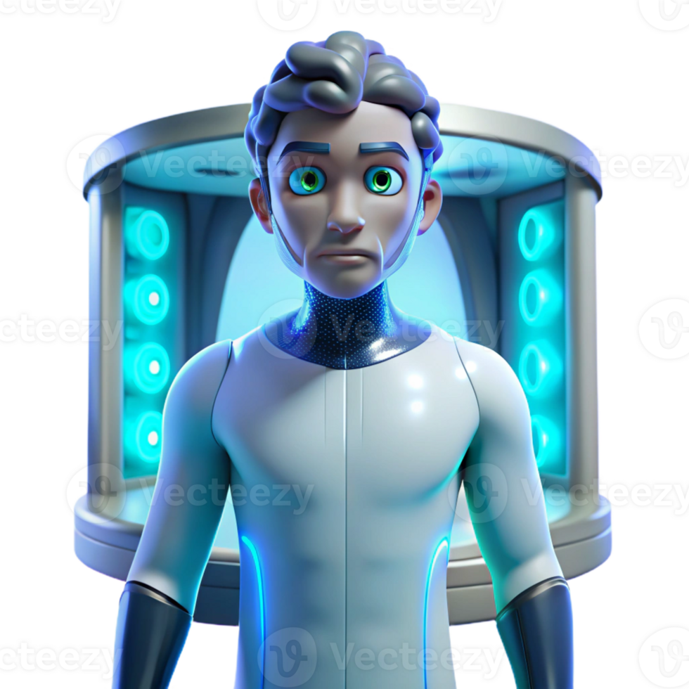 elegant creative A genetically modified human with glowing blue eyes and bioluminescent tattoos standing in a sterile laboratory. Clinical, fluorescent lighting. Biopunk style authentic png