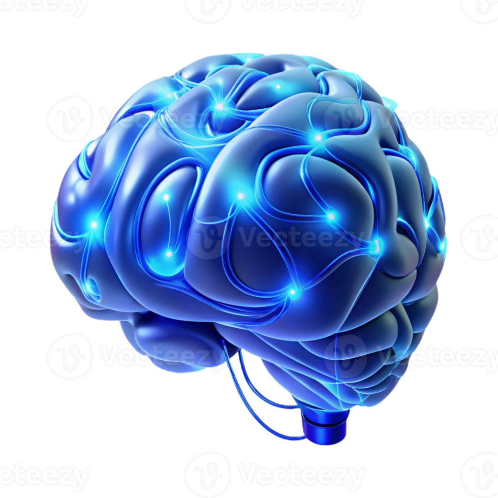 extraordinary traditional A holographic projection of a human brain, intricately detailed with neural pathways illuminated by electric blue light, rendered in a futuristic, minimalist style authentic png