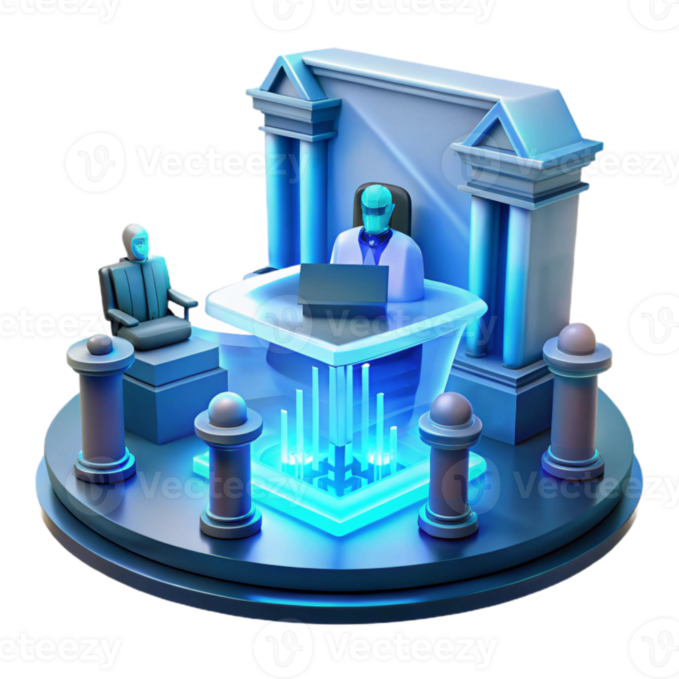 impressive minimalist A futuristic courtroom with a holographic judge presiding over a trial, sterile and impersonal, cold blue lighting premium png