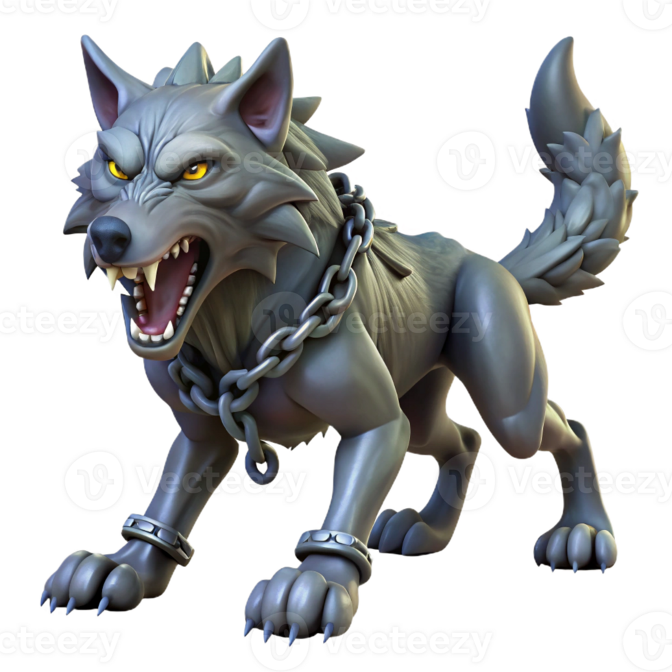 beautiful classic A fierce Norse Fenrir, monstrous wolf bound by Gleipnir, struggling against his chains. Dark fantasy style, dramatic lighting premium png