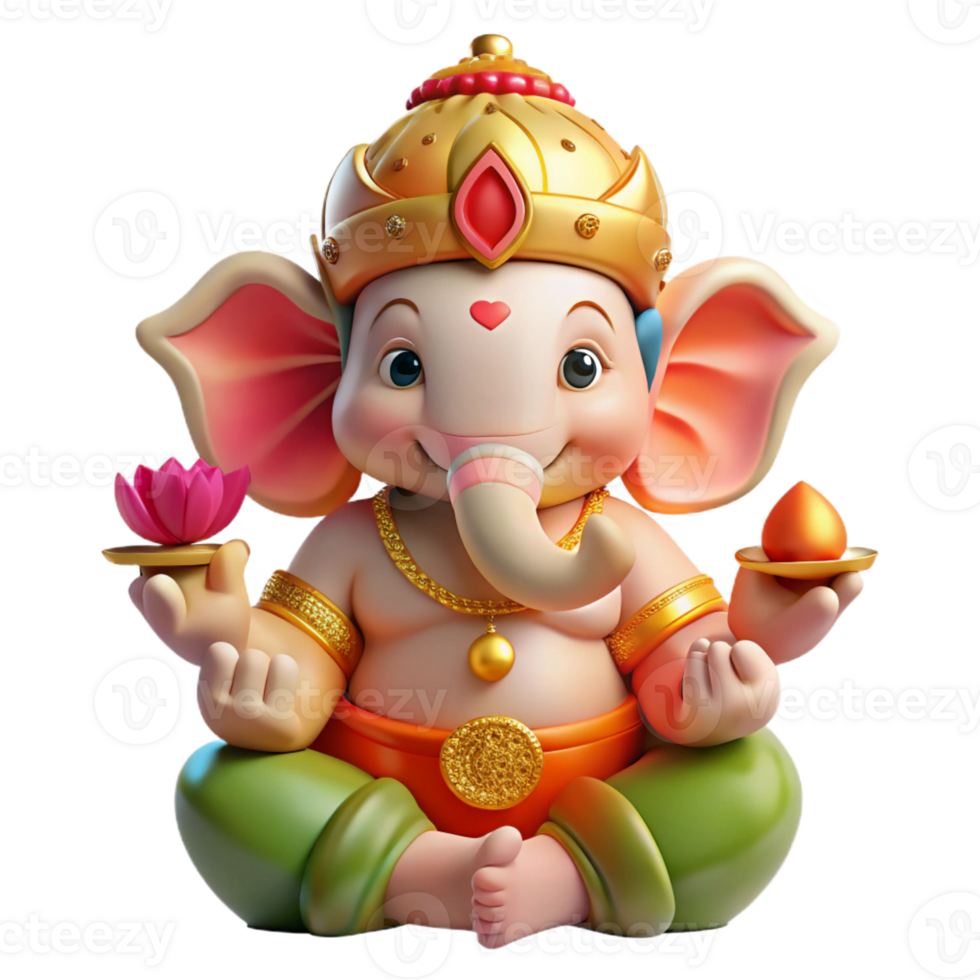 serene minimalist A serene Hindu Ganesha, elephant-headed god of wisdom, holding a lotus flower and a modak. Intricate, vibrant style detailed png