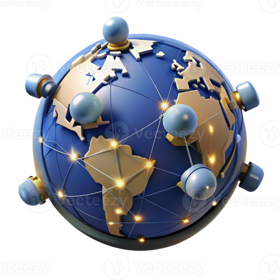 extraordinary rustic A network of satellites orbiting a stylized Earth, illuminated by the sun's rays and city lights, rendered in a realistic, space exploration style genuine png