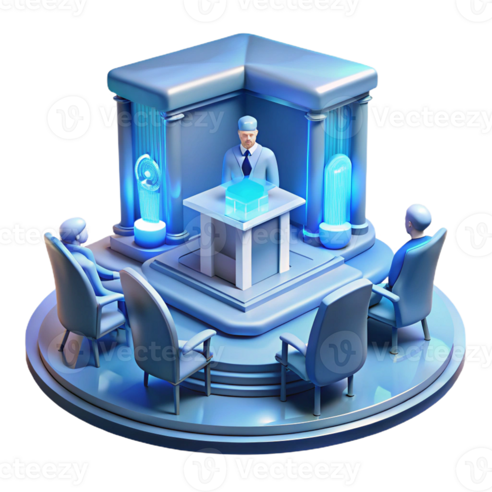 impressive vintage A futuristic courtroom with a holographic judge presiding over a trial, sterile and impersonal, cold blue lighting genuine png