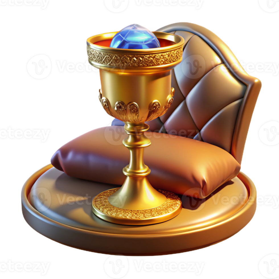 wonderful creative An ornate, jewel-encrusted chalice resting on a velvet cushion, illuminated by a divine, golden light, in a Byzantine icon style high quality png