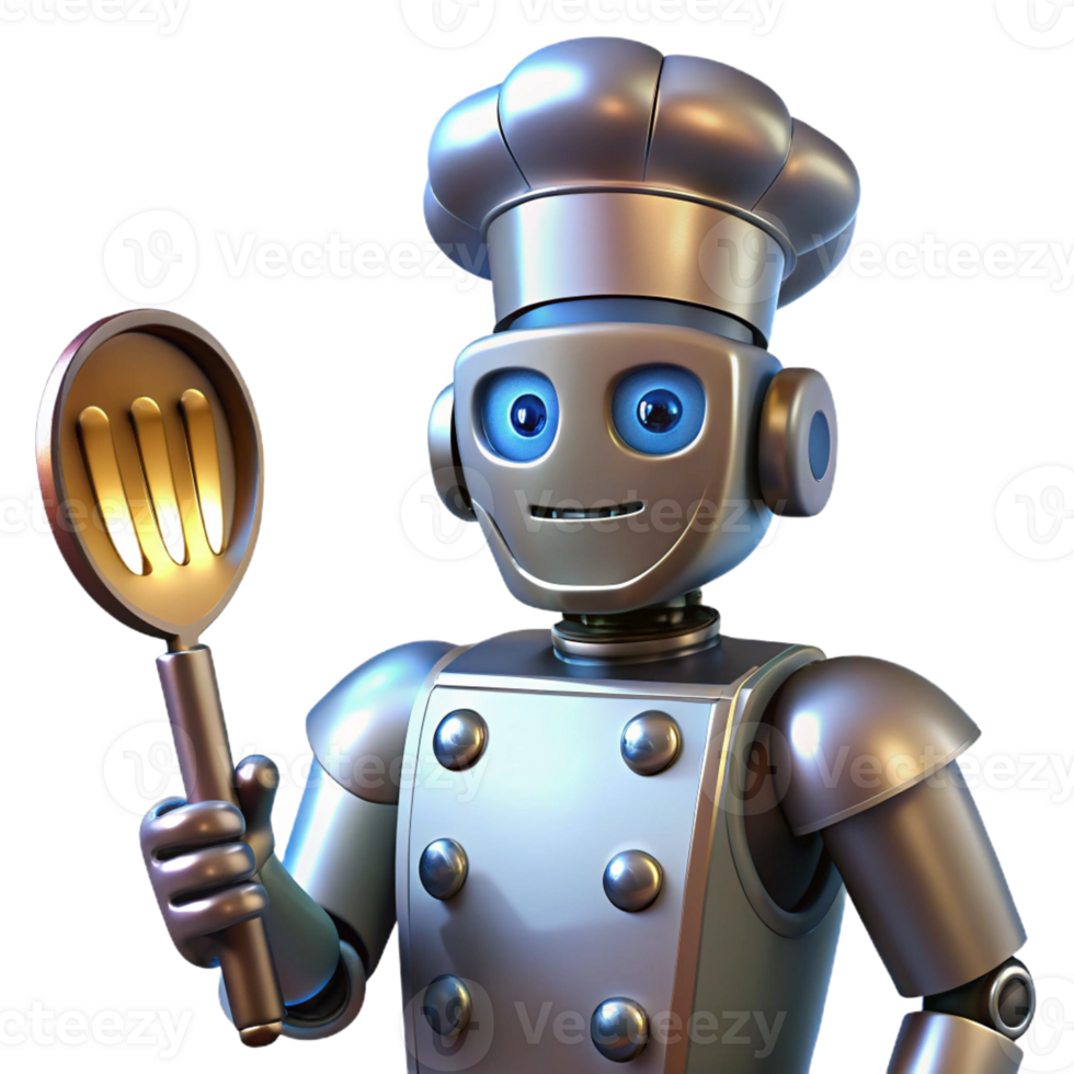 magnificent traditional A sleek robot chef holding a spatula and wearing a chef's hat, metallic sheen, spotlight from the front, retro-futuristic cartoon style original png