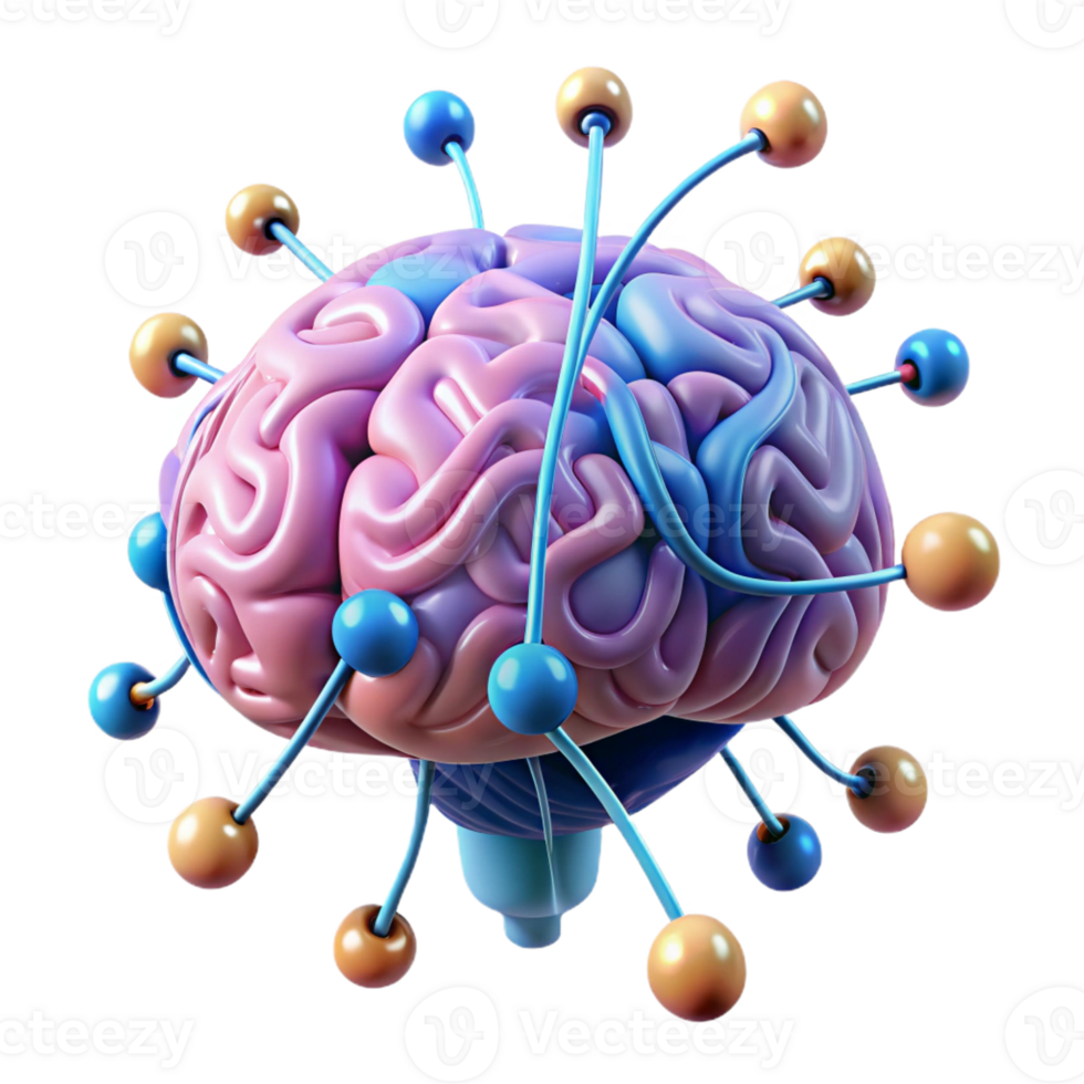impressive traditional A human brain connected to a complex network of wires and circuits, floating in a digital space. Electric, vibrant lighting. Biopunk style original png