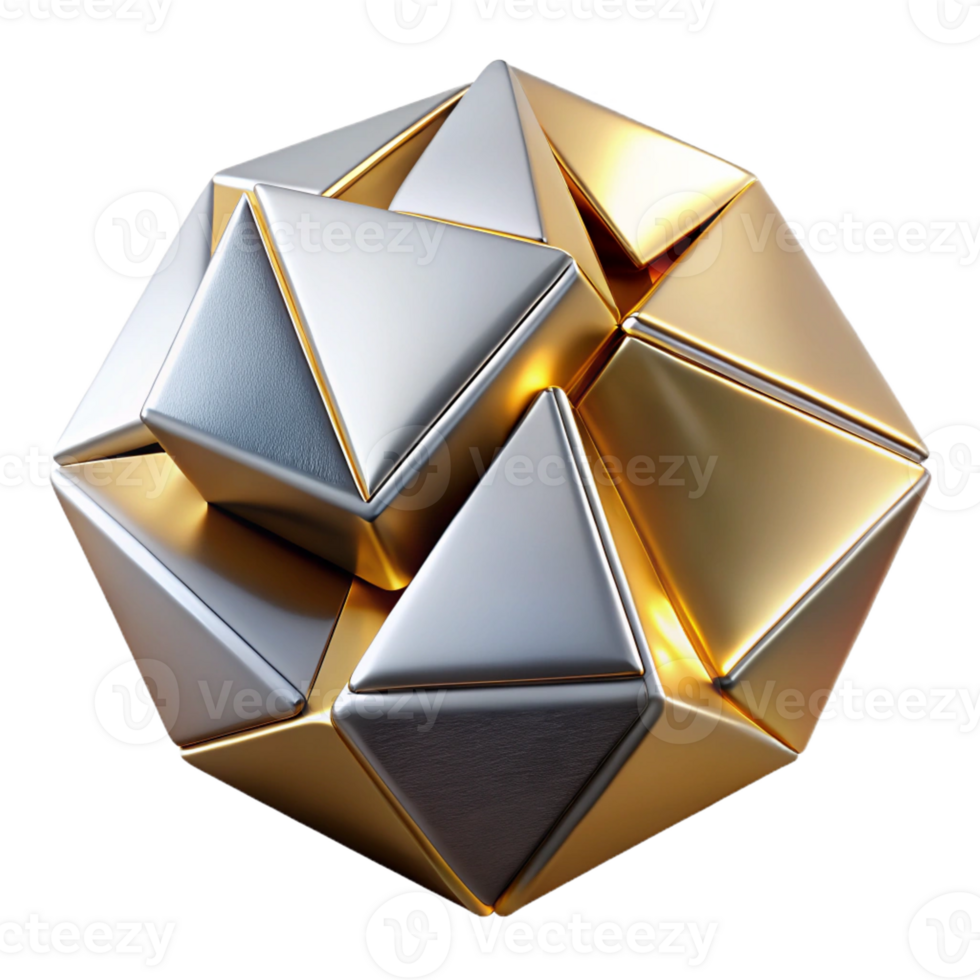 stunning abstract Fractured geometric shapes, rendered in chrome and brushed gold, with sharp, contrasting shadows, art deco style high resolution png