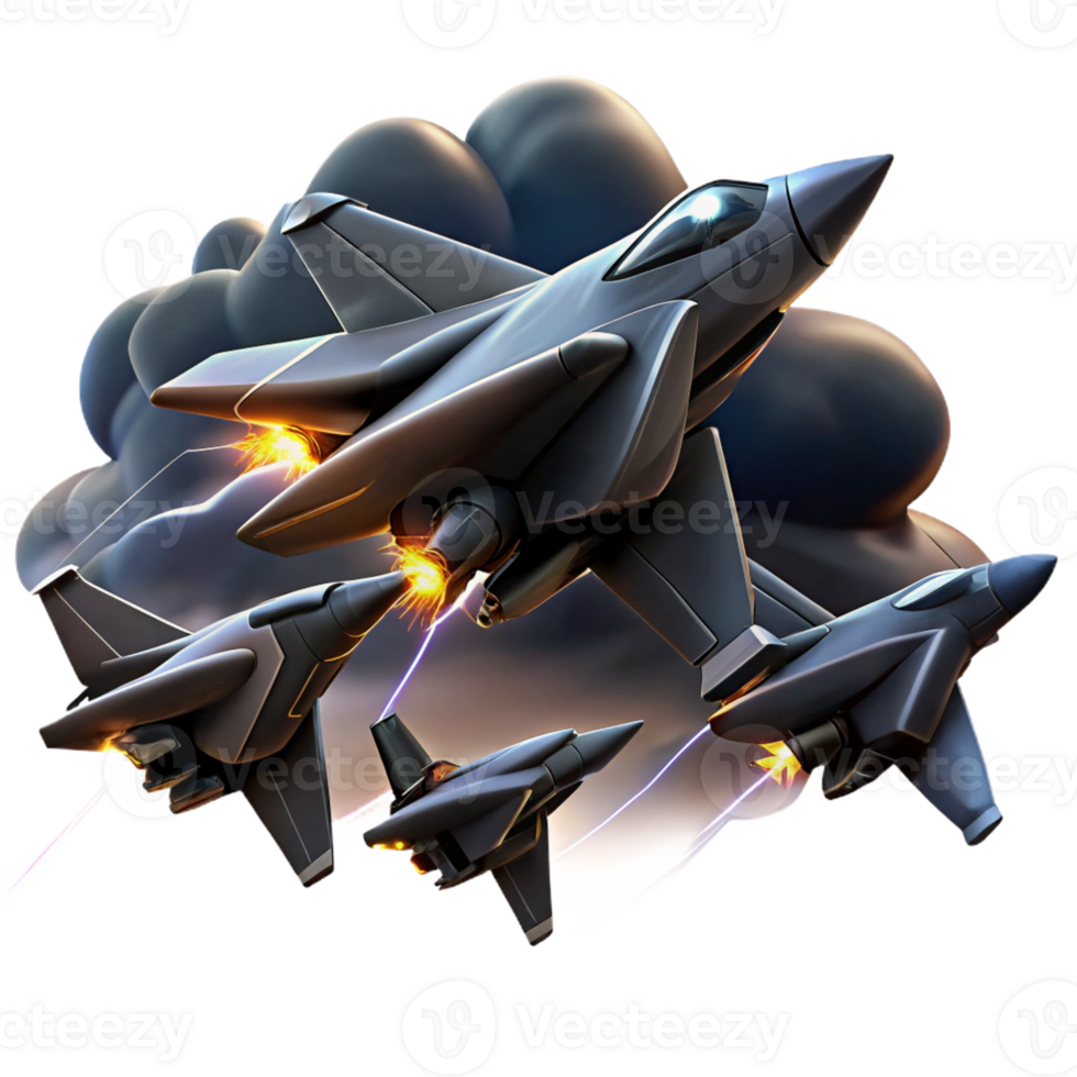 extraordinary rustic A squadron of sleek, black fighter jets soaring through a storm-ridden sky, lightning illuminating their silhouettes, dramatic lighting, digital art style high quality png