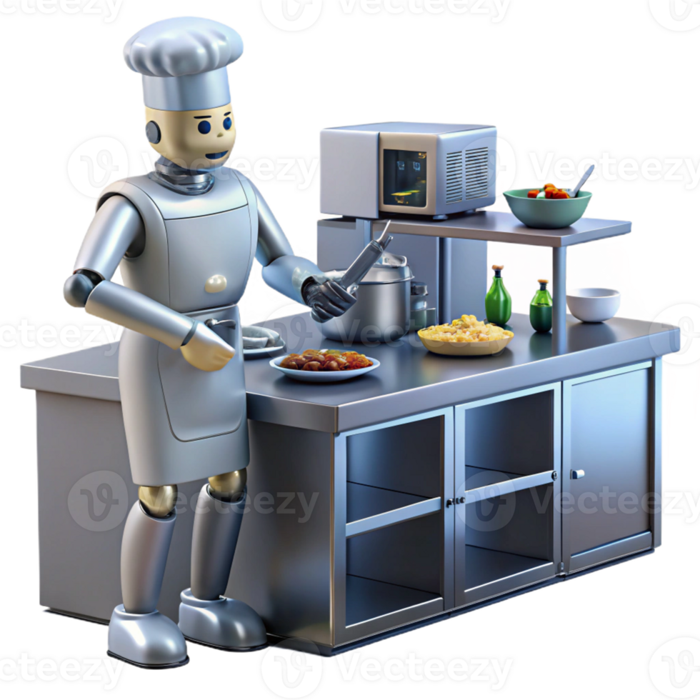 stunning modern A robotic chef preparing a gourmet meal in a futuristic kitchen, illuminated by sleek, stainless steel appliances. Photorealistic style high resolution png