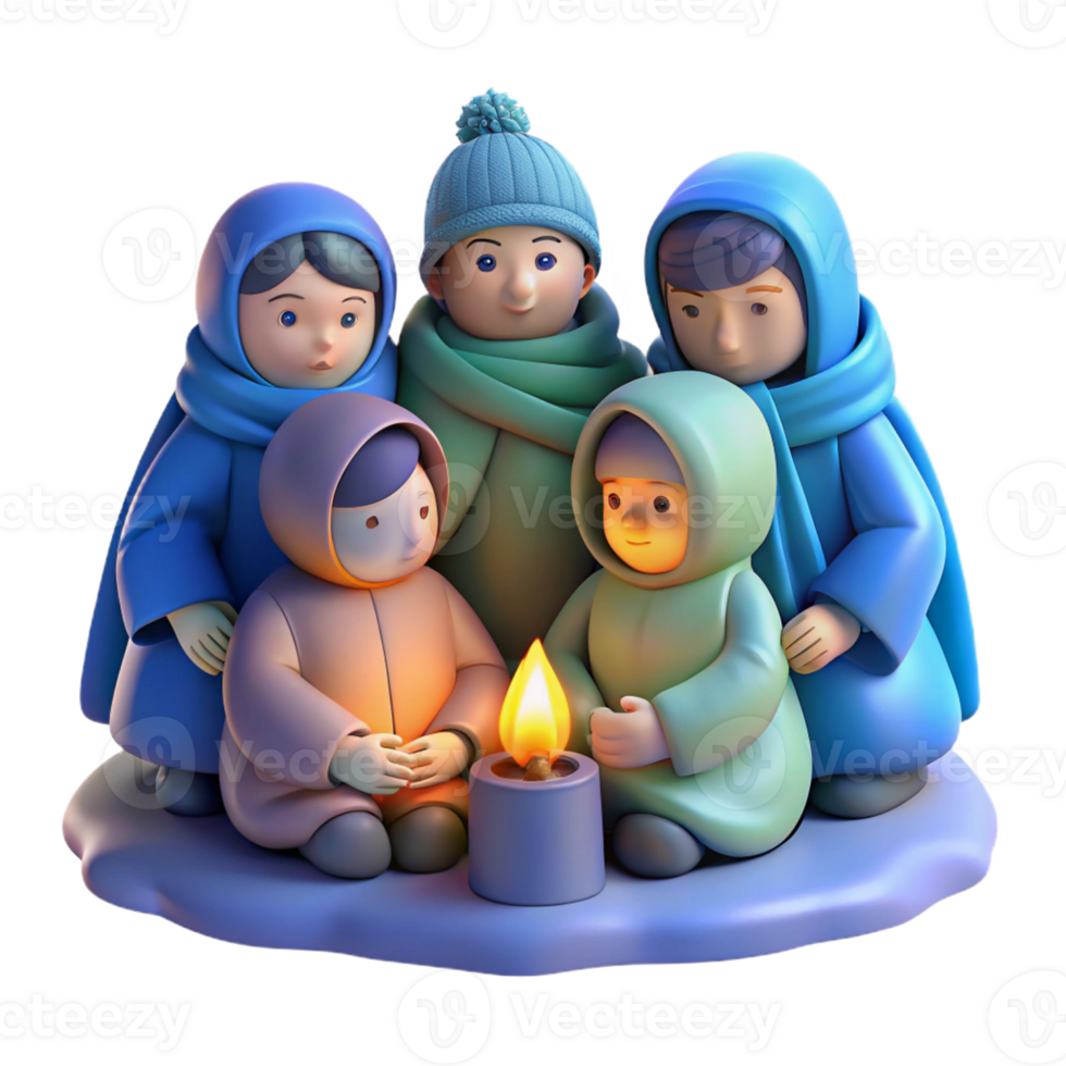 vibrant classic A group of refugees huddled together for warmth in a freezing wasteland, desperate and poignant, cold blue lighting exclusive png