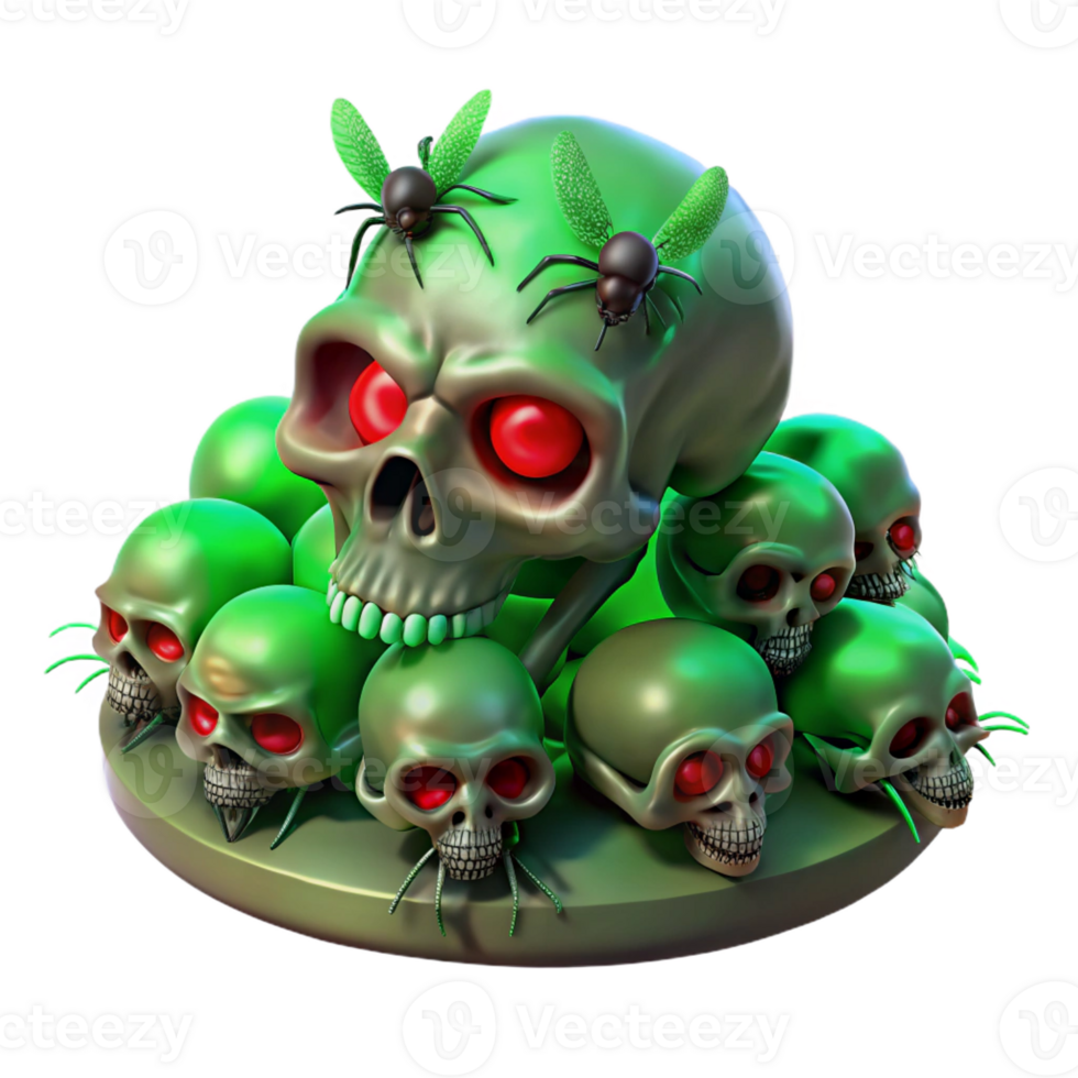 impressive classic A swarm of skeletal insects with glowing red eyes devouring a human skull. Dim, eerie green lighting. Macabre, surreal style premium png