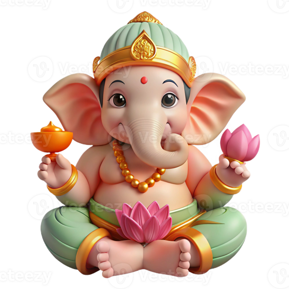 stunning artistic A serene Hindu Ganesha, elephant-headed god of wisdom, holding a lotus flower and a modak. Intricate, vibrant style high resolution png