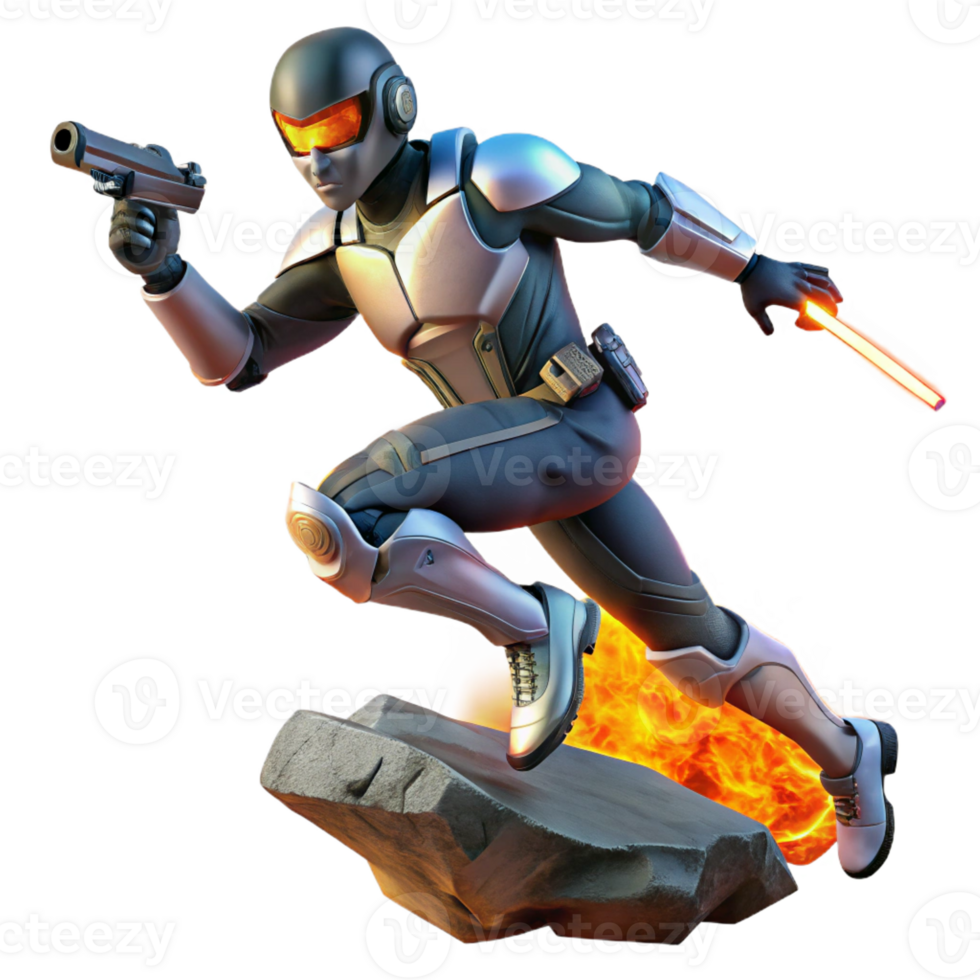 vibrant abstract A futuristic soldier leaps across a chasm, energy weapons blazing. Dynamic action pose, cyberpunk style detailed png