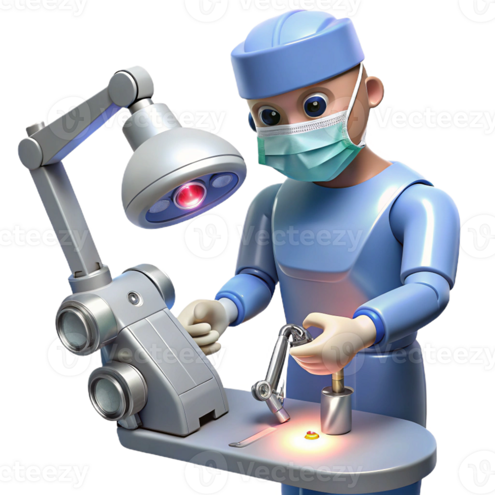 serene artistic A robotic surgeon performing a delicate procedure with laser tools, illuminated by a focused, surgical light, rendered in a hyperrealistic, medical illustration style original png