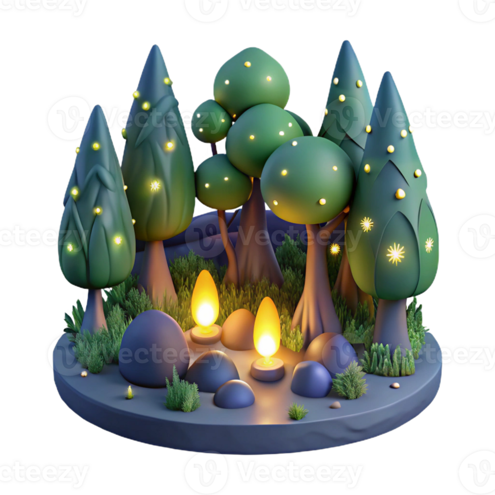 serene minimalist A group of fireflies illuminating a dark forest at night. Magical realism style 4K png