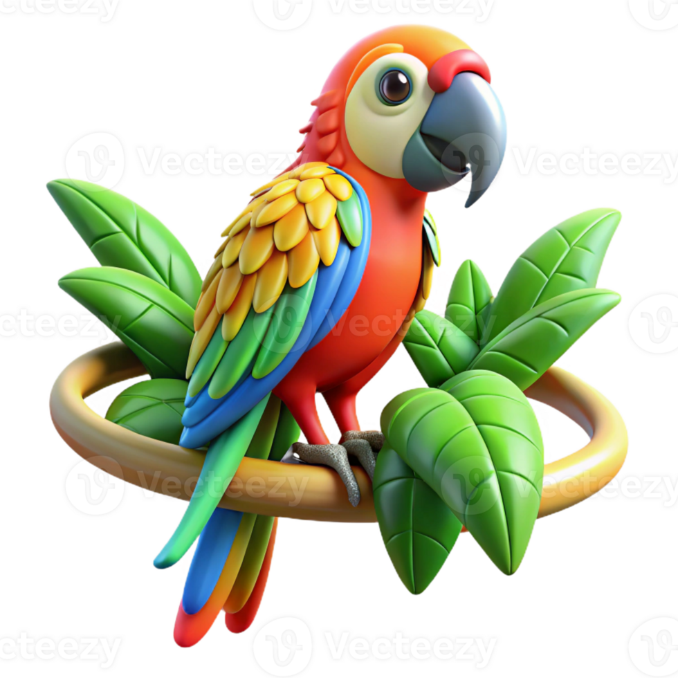 impressive classic A colorful macaw perched on a rainforest vine, rendered in a vibrant, illustrative style with intricate patterns premium png