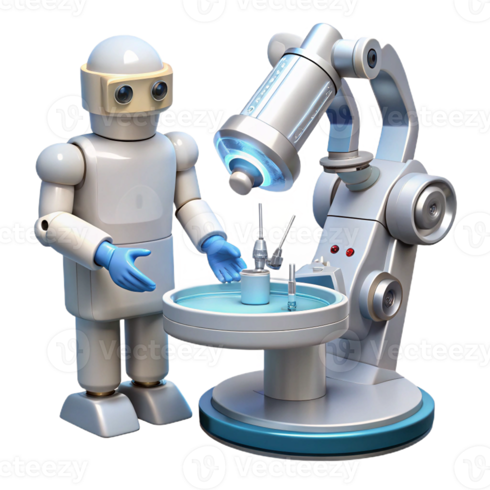 vibrant minimalist A medical robot performing a delicate surgery with precision instruments, bathed in the sterile, white light of an operating room. Photorealistic style high quality png