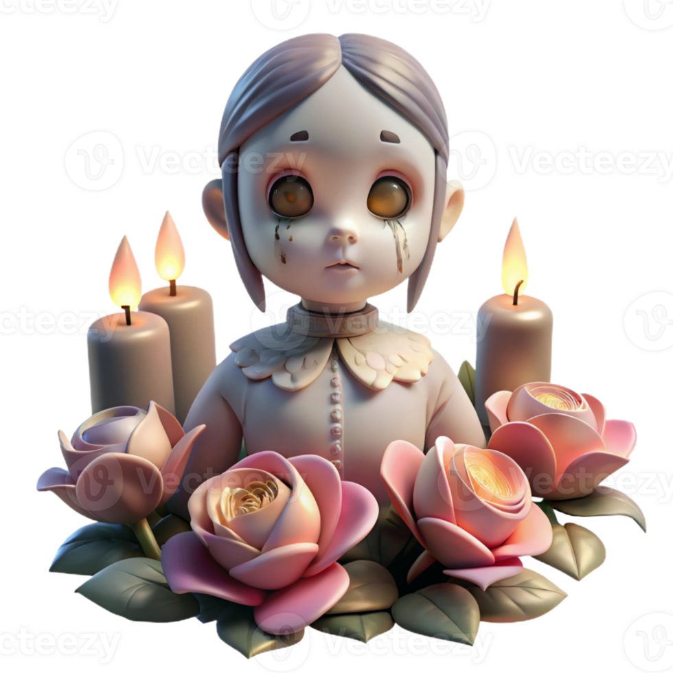 elegant rustic A porcelain doll with cracked features, floating amongst giant, wilting flowers, lit by a dim, flickering candlelight, Gothic style detailed png
