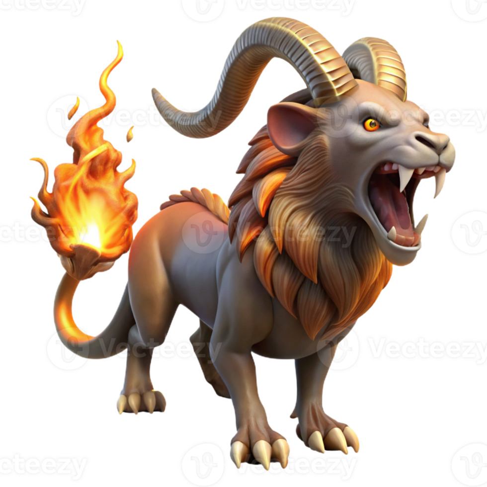 magnificent contemporary A fierce Chimera with a lion's head, a goat's body, and a serpent's tail, breathing fire, lit by the flames, in a dark, gothic style 4K png