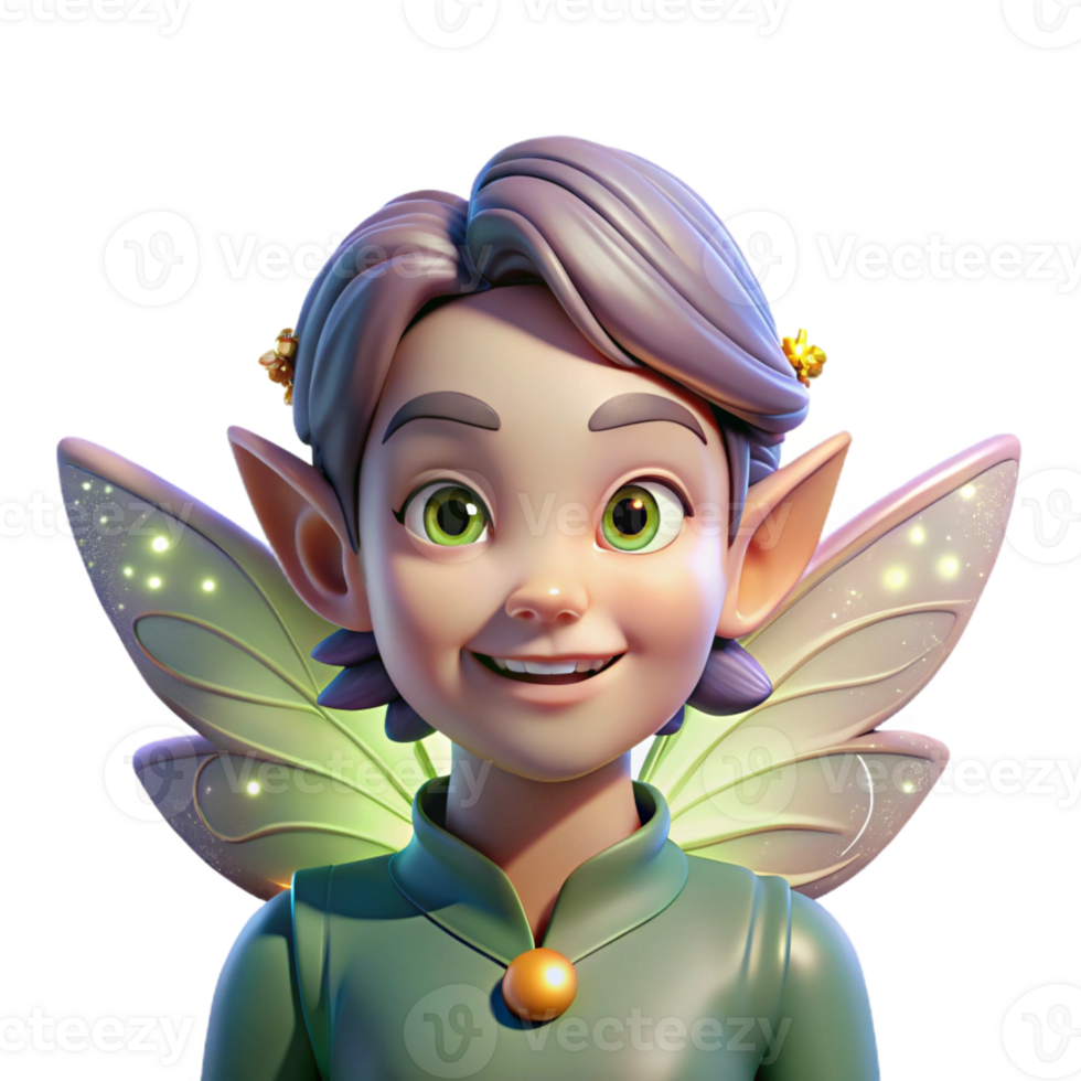 vibrant minimalist Portrait of a whimsical fairy with iridescent wings and a mischievous smile, lit by fireflies, in a fantasy illustration style professional png