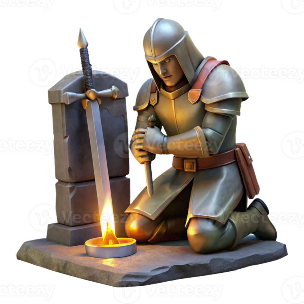 serene creative A grizzled, battle-hardened knight kneeling before a stone altar, clutching a broken sword, lit by a dramatic, chiaroscuro light, in a Rembrandt style original png