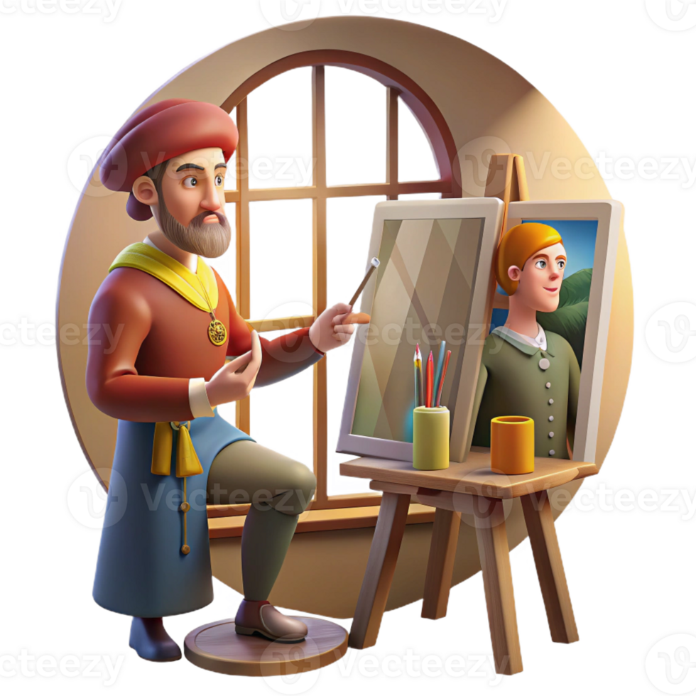 vibrant artistic A Renaissance artist painting a portrait in their studio, bathed in natural light streaming through a large window. Realistic, Renaissance style exclusive png