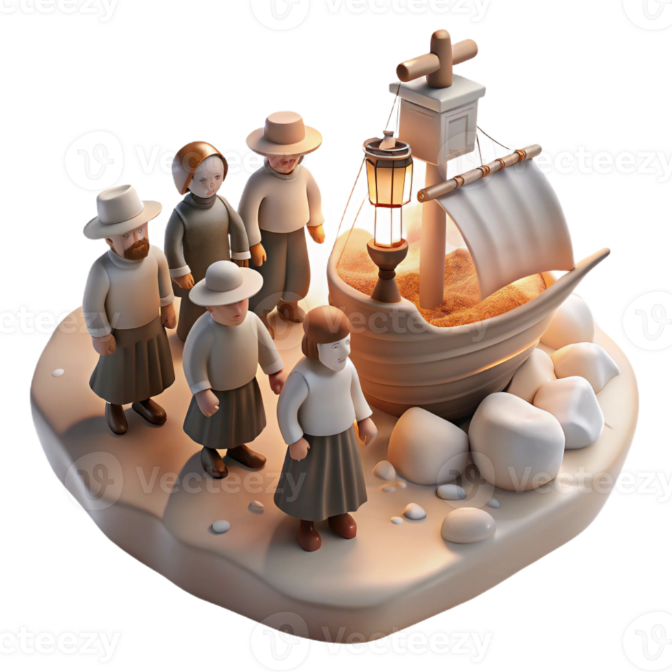 vibrant classic A group of pilgrims landing on Plymouth Rock, the scene illuminated by the soft, diffused light of a cloudy day. Realistic, historical style premium png