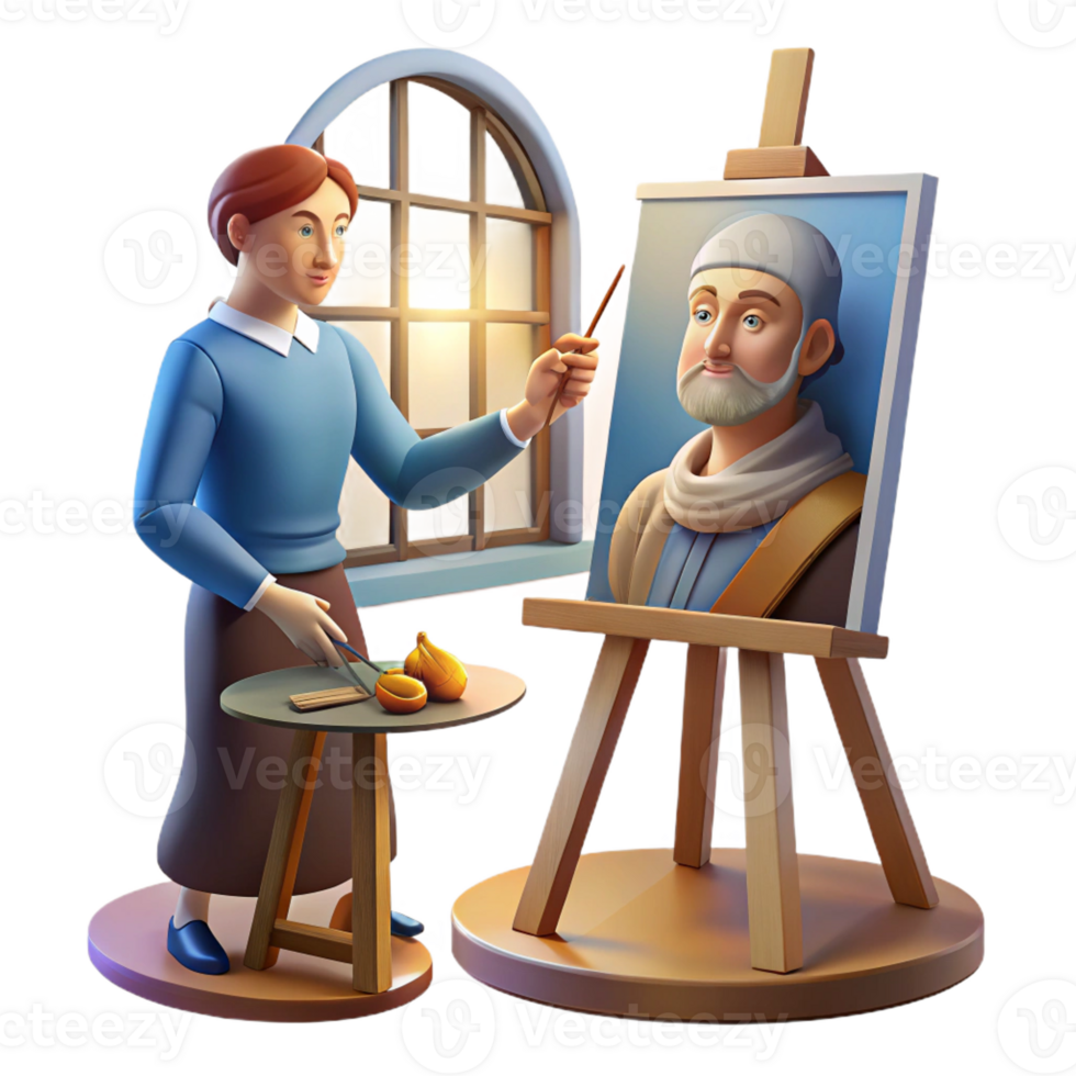 vibrant traditional A Renaissance artist painting a portrait in their studio, bathed in natural light streaming through a large window. Realistic, Renaissance style high resolution png