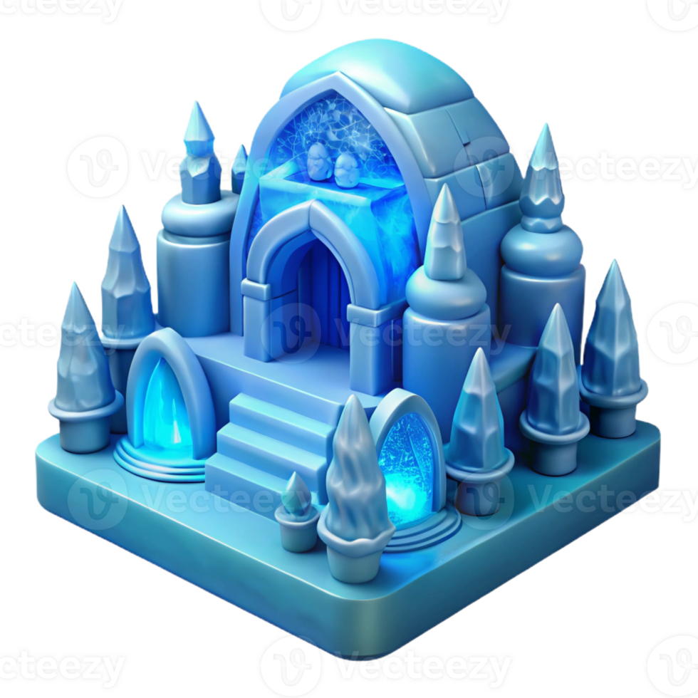 extraordinary contemporary Ice hotel, carved from ice blocks, intricate sculptures, blue and white color palette, magical atmosphere, digital art exclusive png