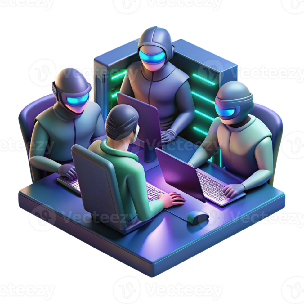 serene rustic A group of rebels hacking into a government mainframe, illuminated by the glow of computer screens, cyberpunk and action-packed, professional png