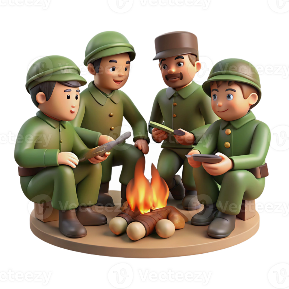 wonderful minimalist A group of soldiers huddled around a campfire, sharing stories and rations. Warm, intimate lighting, camaraderie style exclusive png