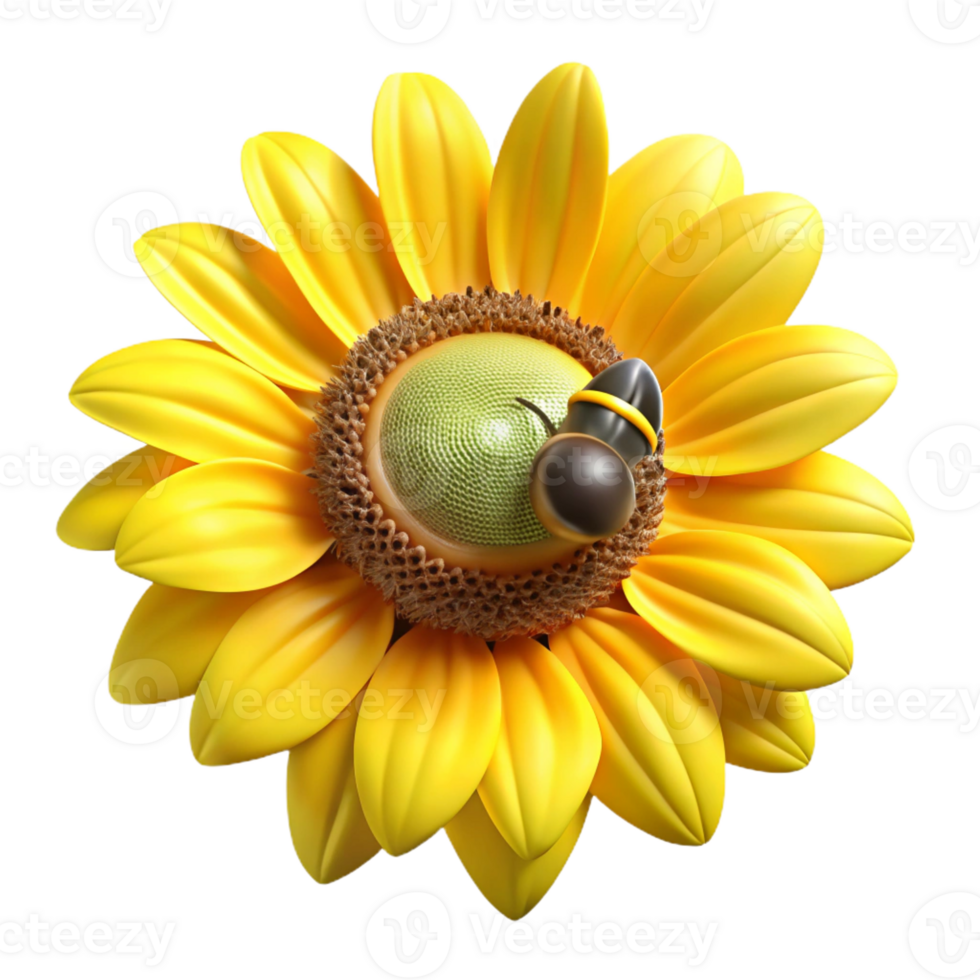 dramatic artistic A close-up of a sunflower, its petals vibrant yellow, with a bumblebee collecting pollen. Macro photography style genuine png