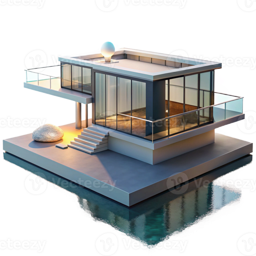 stunning contemporary Modernist glass and steel villa, minimalist interior, panoramic ocean view, midday sun, architectural rendering, high resolution png