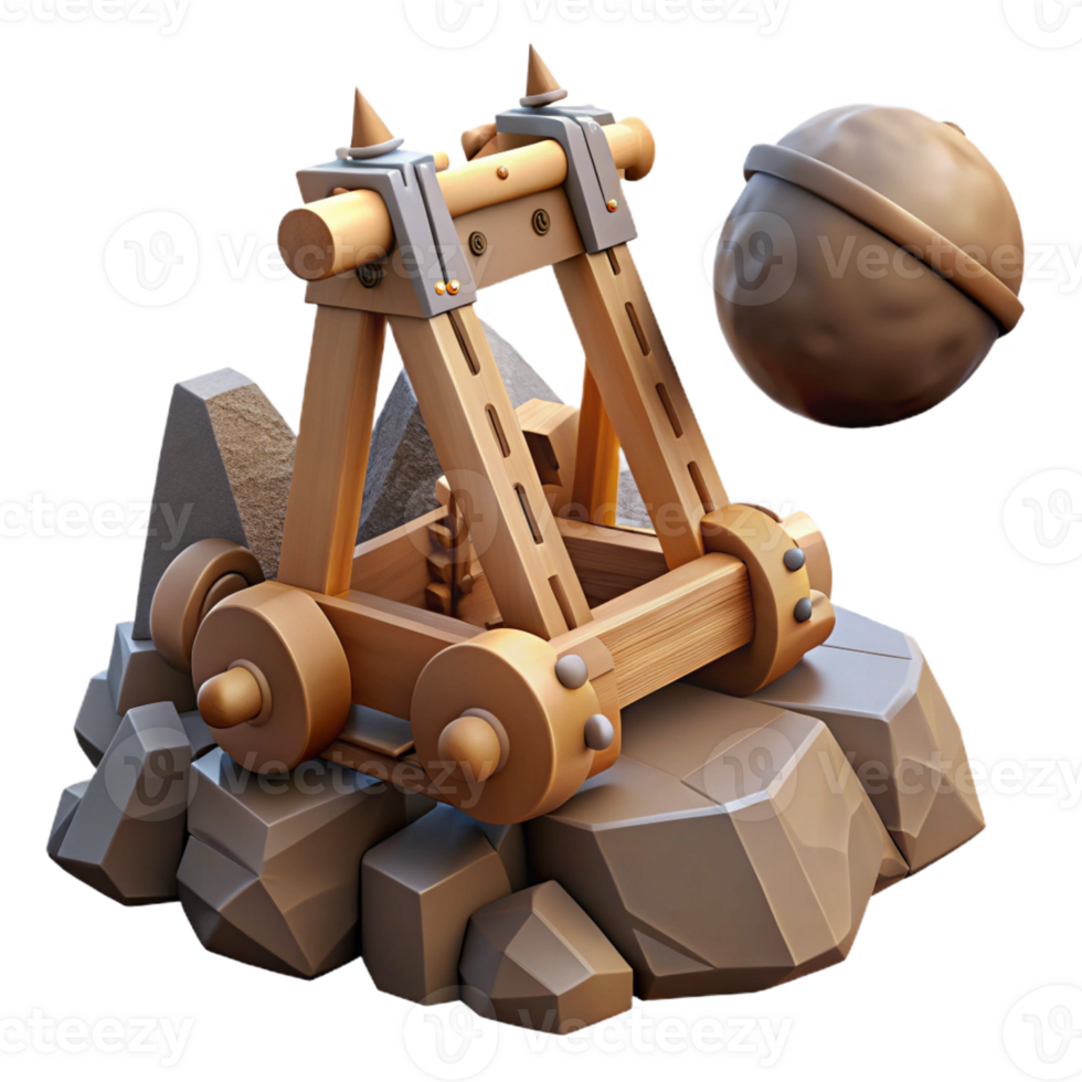 wonderful contemporary A medieval siege engine hurls a massive boulder at a castle wall. Dramatic action scene, historical fantasy style 4K png