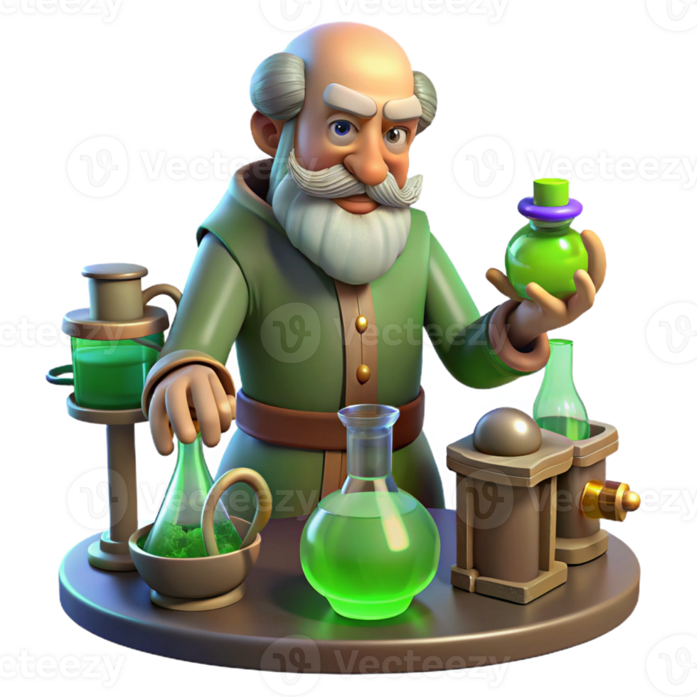 beautiful classic A wise old alchemist mixing potions in his cluttered laboratory, lit by the eerie green glow of magical ingredients, in a fantasy art style detailed png