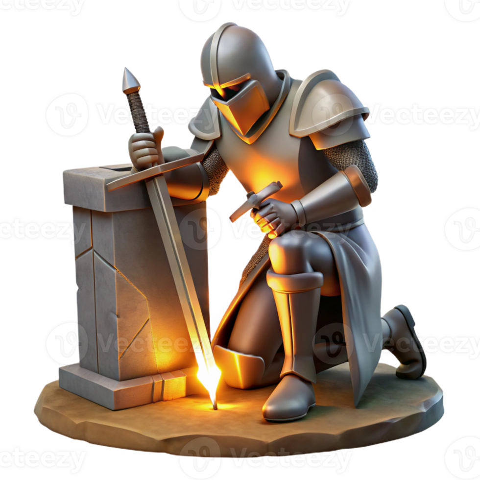 serene modern A grizzled, battle-hardened knight kneeling before a stone altar, clutching a broken sword, lit by a dramatic, chiaroscuro light, in a Rembrandt style exclusive png