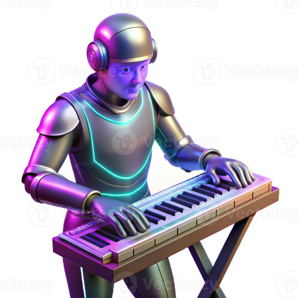 serene classic A robotic musician playing a futuristic synthesizer, surrounded by pulsating, neon lights. Synthwave style genuine png
