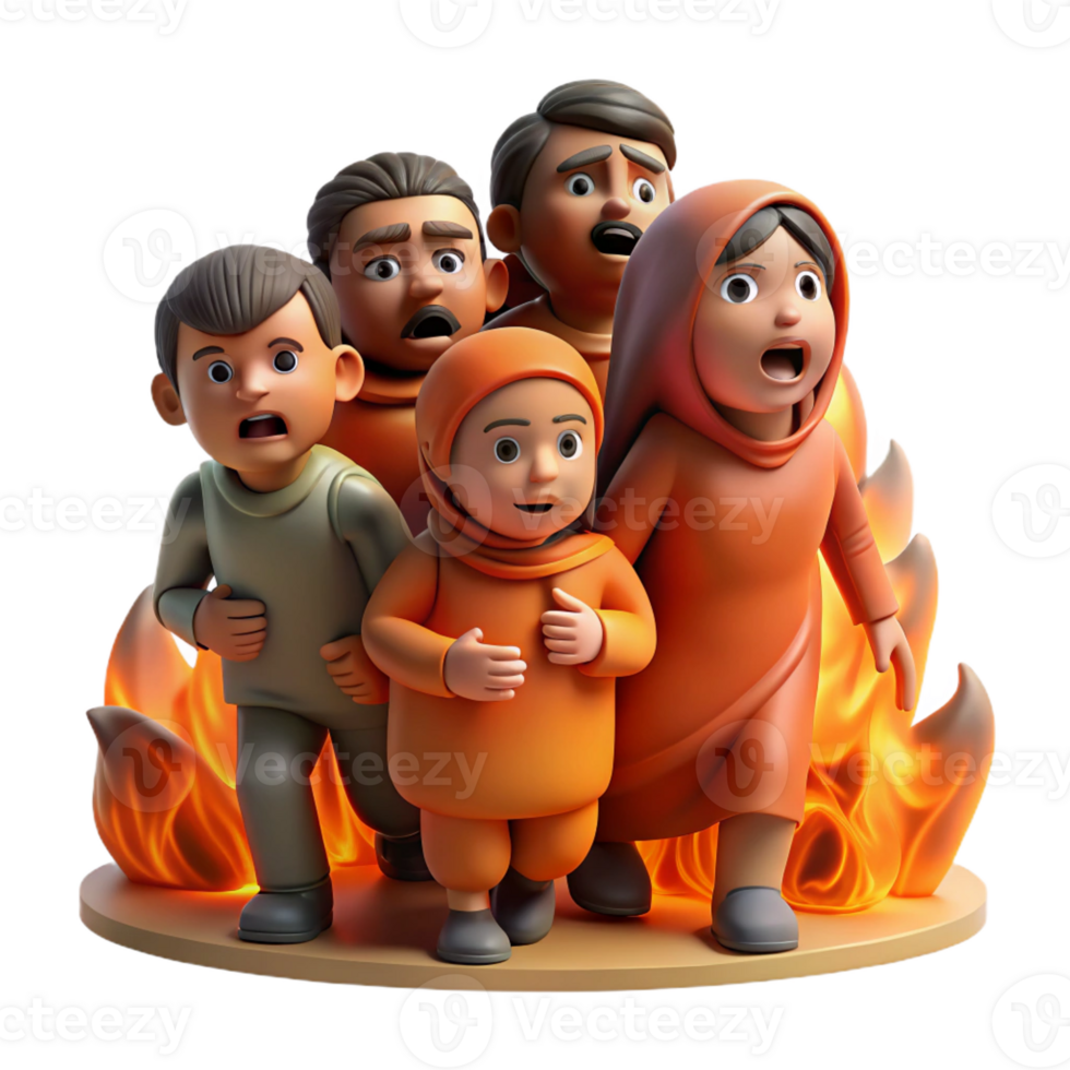 dramatic contemporary A group of refugees flees a burning city, their faces etched with fear. Warm, orange hues, photojournalistic style original png