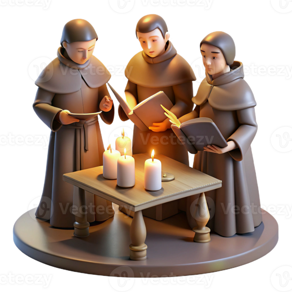 stunning abstract A group of monks meticulously illuminating a manuscript in a dimly lit scriptorium, lit by the warm glow of oil lamps, in a medieval miniature style 4K png