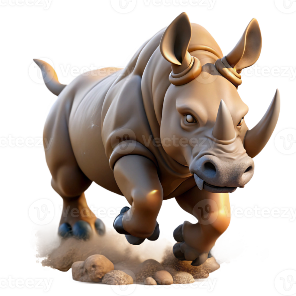 impressive artistic A powerful rhinoceros charging through the dust, captured in a dynamic, action shot with earthy tones exclusive png