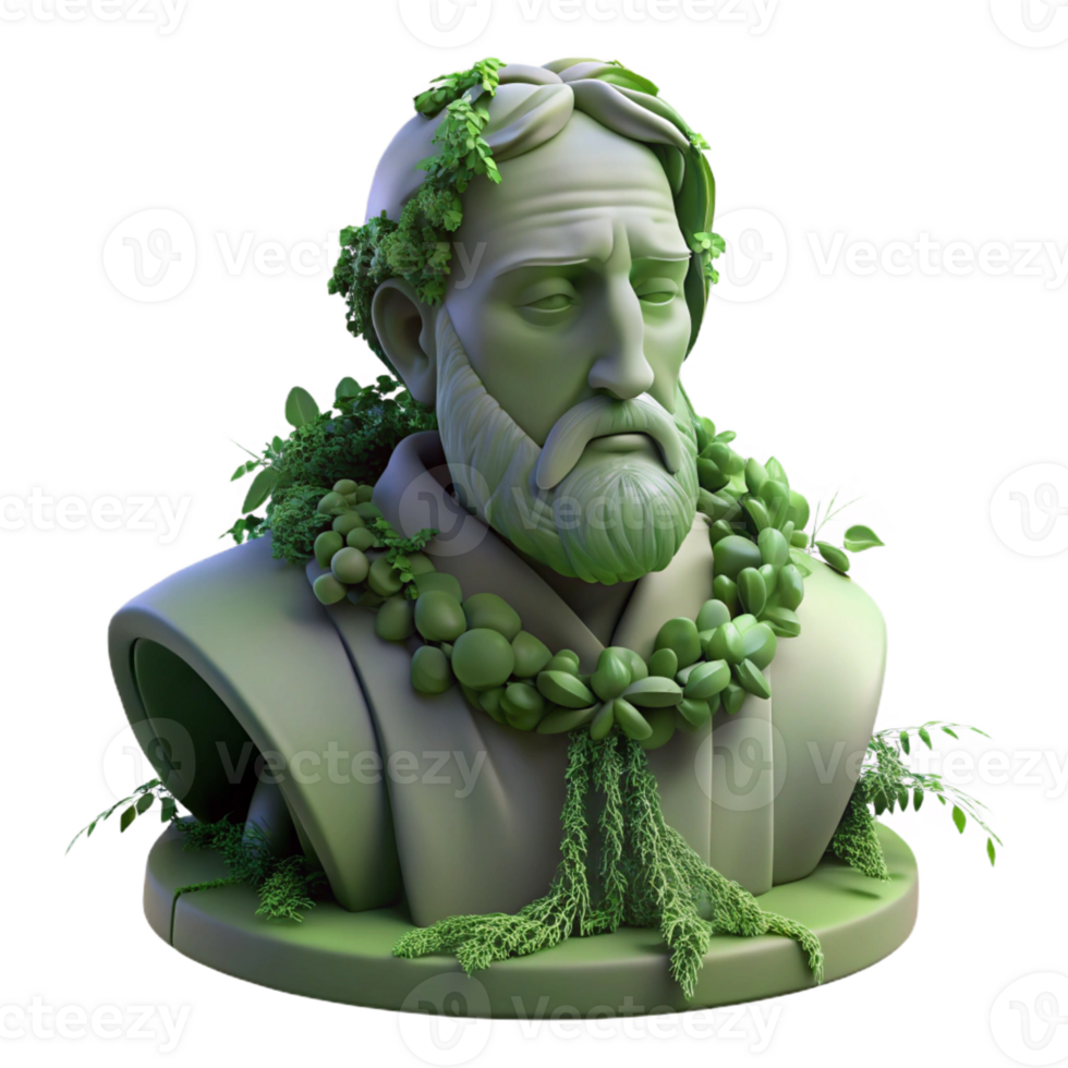 beautiful traditional A decaying statue of a forgotten leader, overgrown with vines, symbolic of lost glory, soft green lighting high resolution png