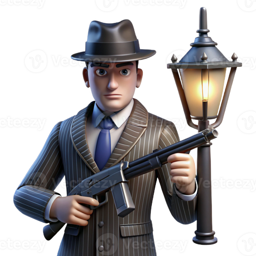 dramatic minimalist A 1920s gangster in a pinstripe suit holding a Tommy gun, illuminated by the harsh light of a streetlamp. Noir, cinematic lighting high resolution png