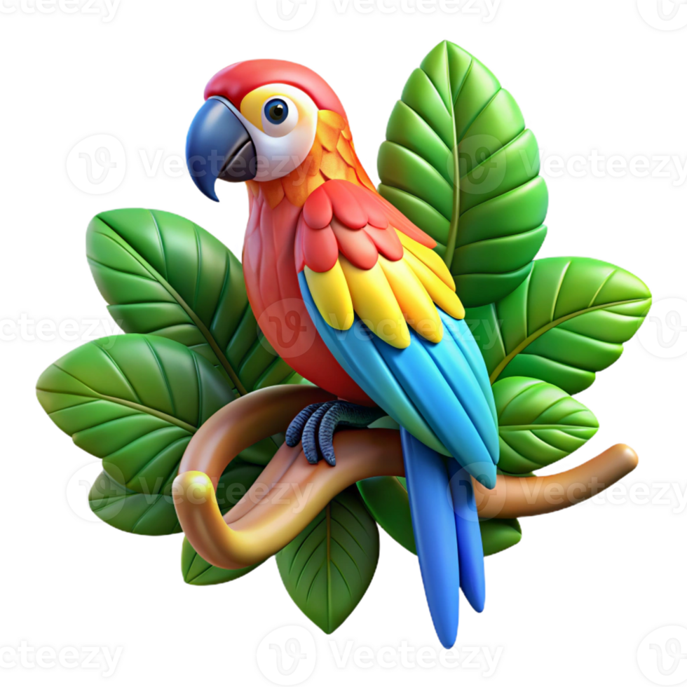wonderful contemporary A colorful macaw perched on a rainforest vine, rendered in a vibrant, illustrative style with intricate patterns professional png