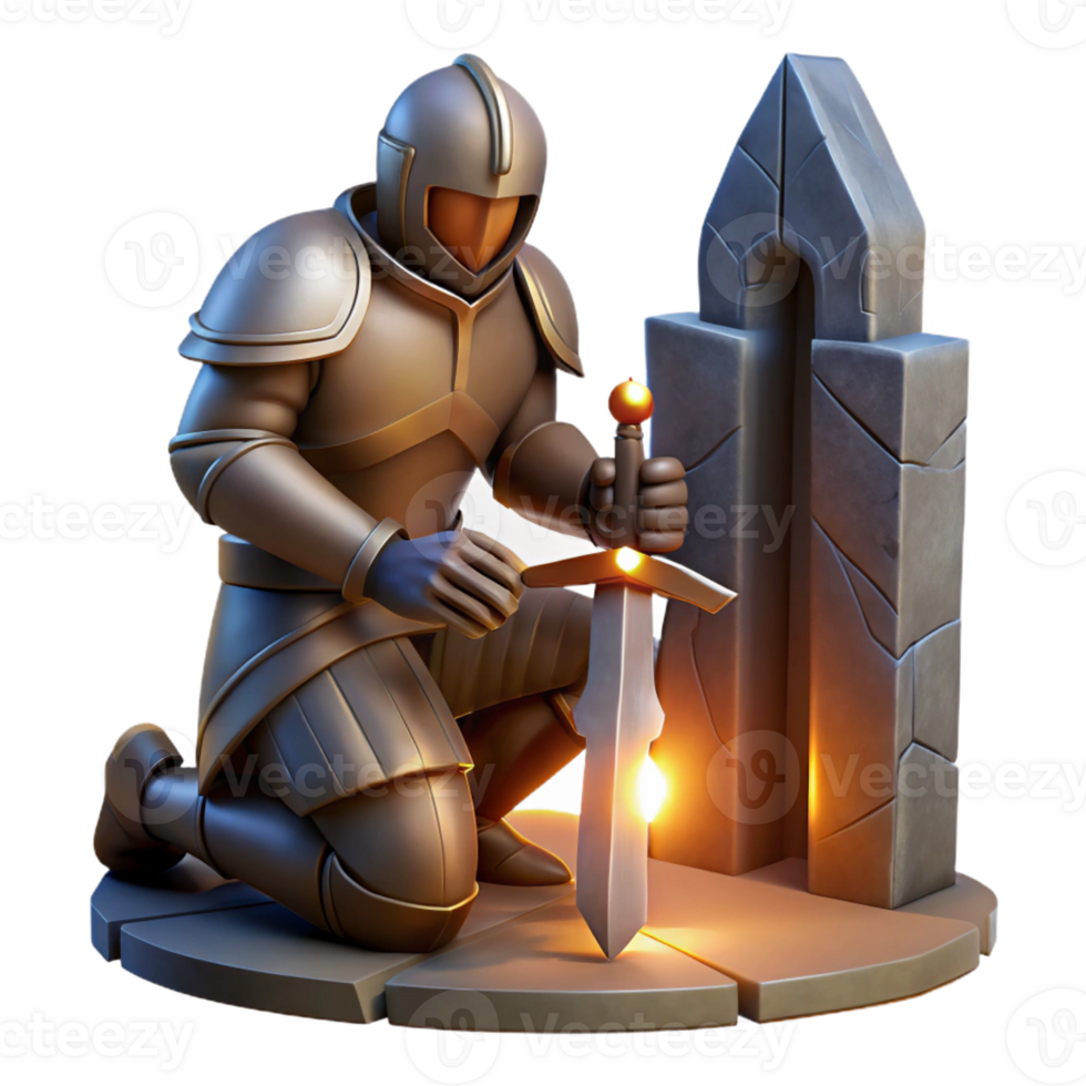 wonderful minimalist A grizzled, battle-hardened knight kneeling before a stone altar, clutching a broken sword, lit by a dramatic, chiaroscuro light, in a Rembrandt style professional png