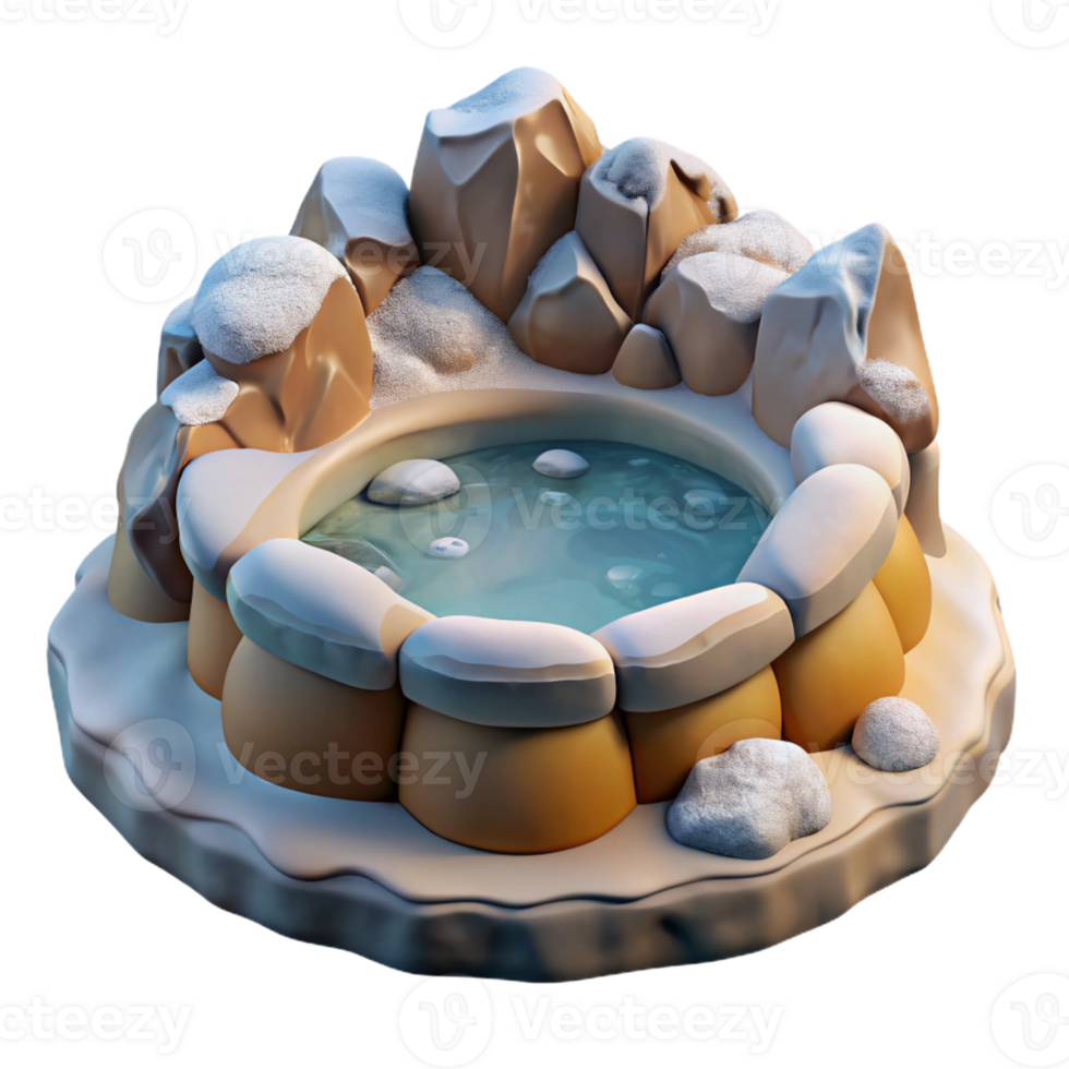 impressive traditional A bubbling hot spring surrounded by snow-covered rocks, contrasting warm and cool tones, photorealistic rendering high resolution png