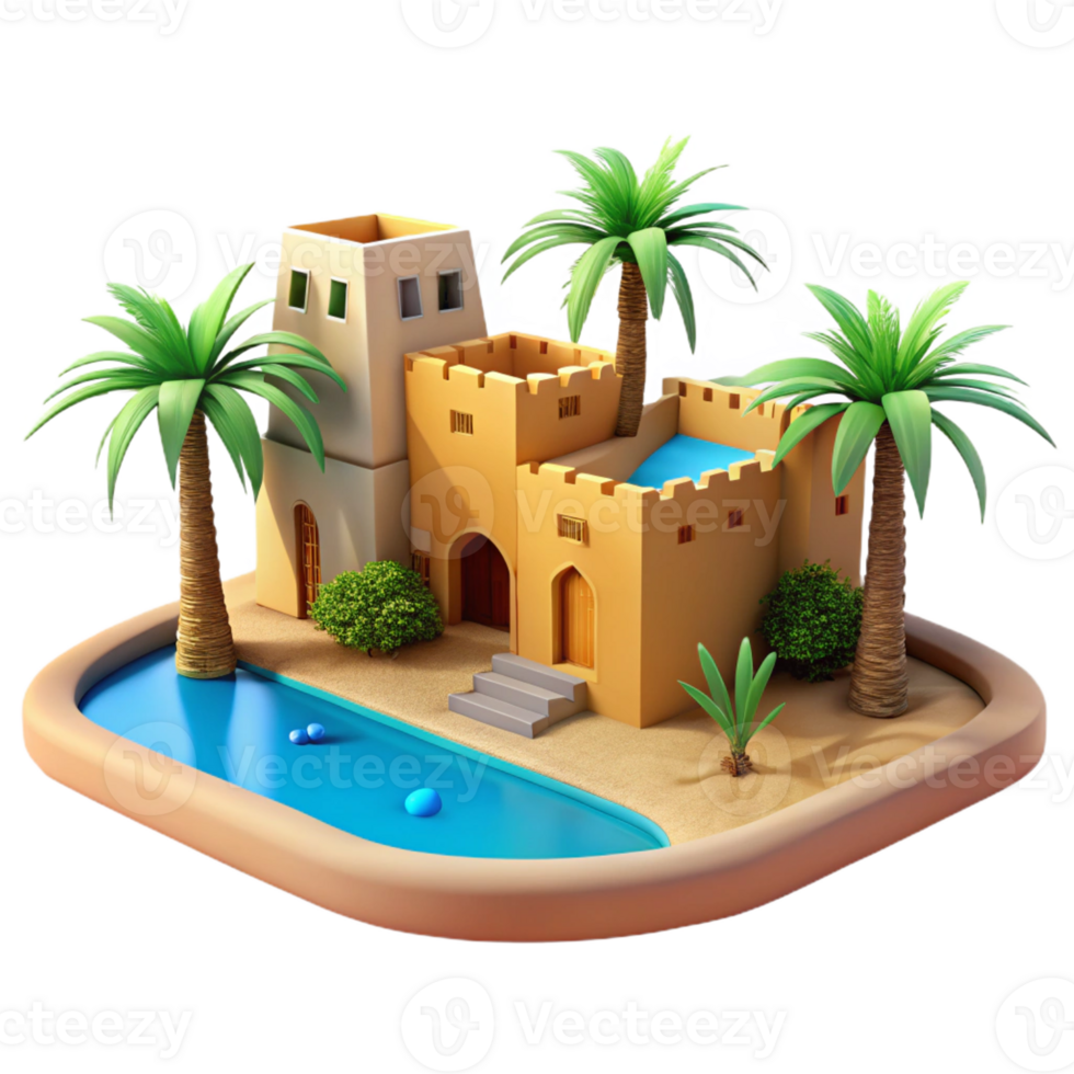 beautiful rustic Desert oasis, traditional mud-brick architecture, palm trees, clear blue sky, vibrant colors, photographic style high resolution png